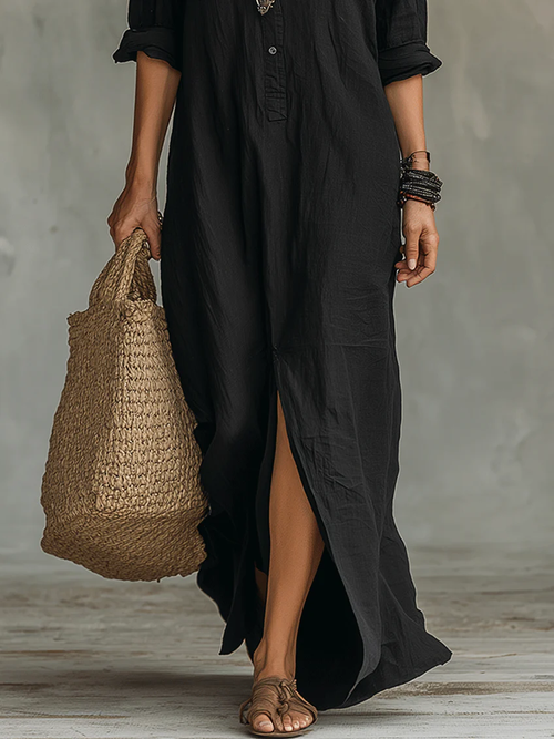 Vestido camisero maxi fluido con botones y manga larga 5