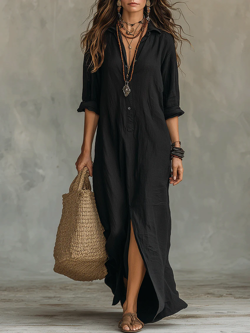 Vestido camisero maxi fluido con botones y manga larga 6