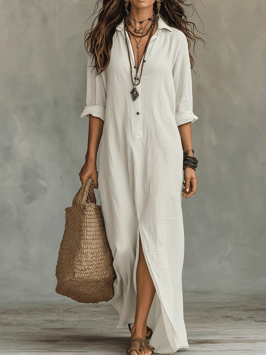 Vestido camisero maxi fluido con botones y manga larga 7