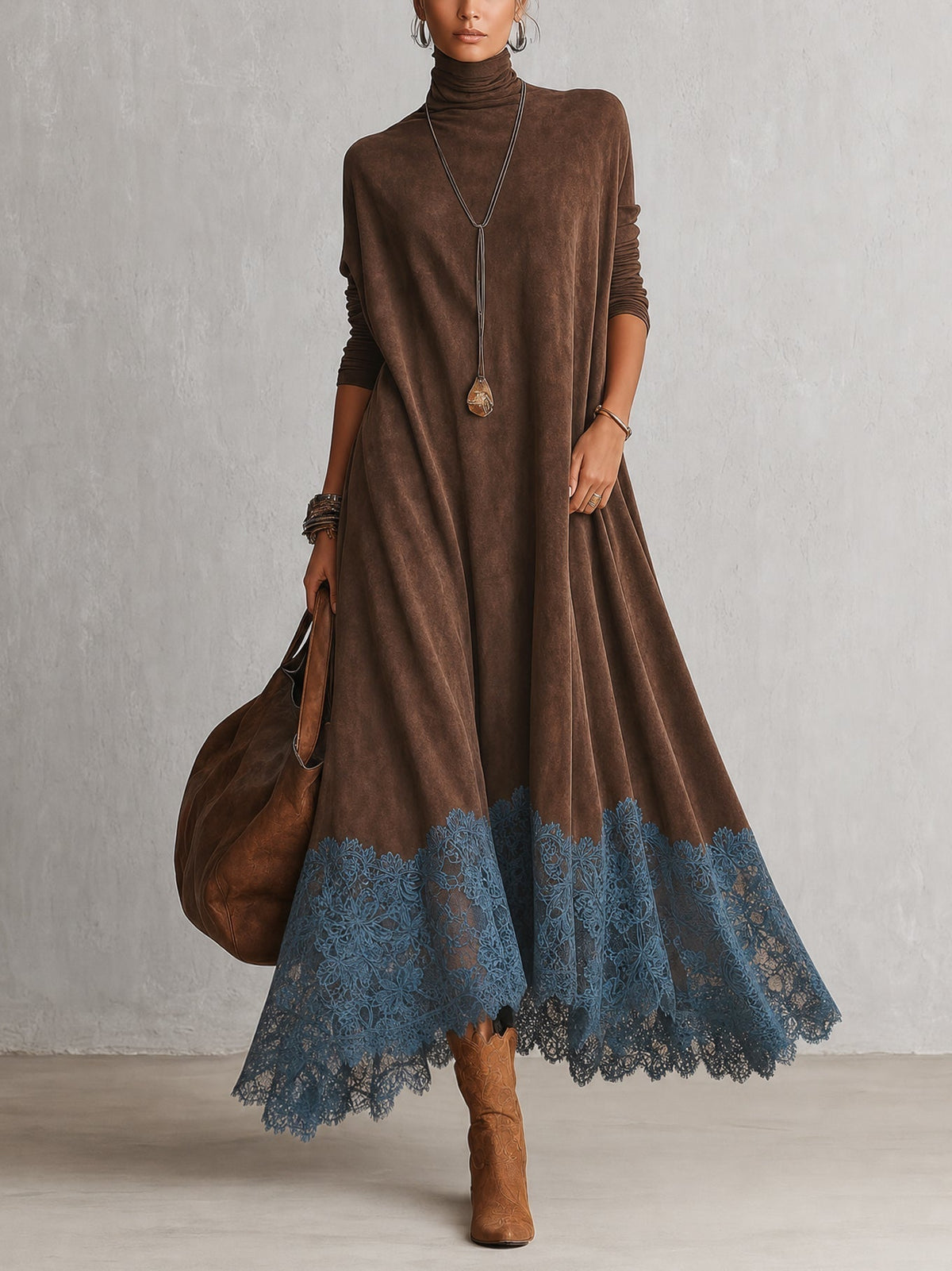 Vestido largo con cuello alto y bajo de encaje floral 1