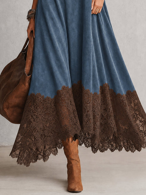 Vestido largo con cuello alto y bajo de encaje floral 12