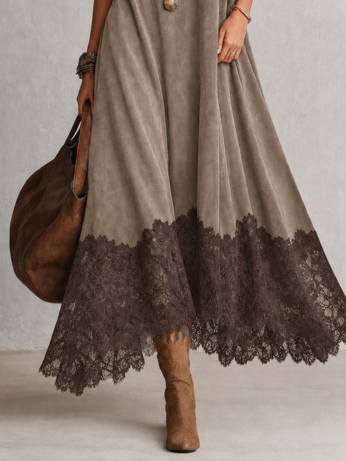 Vestido largo con cuello alto y bajo de encaje floral 14