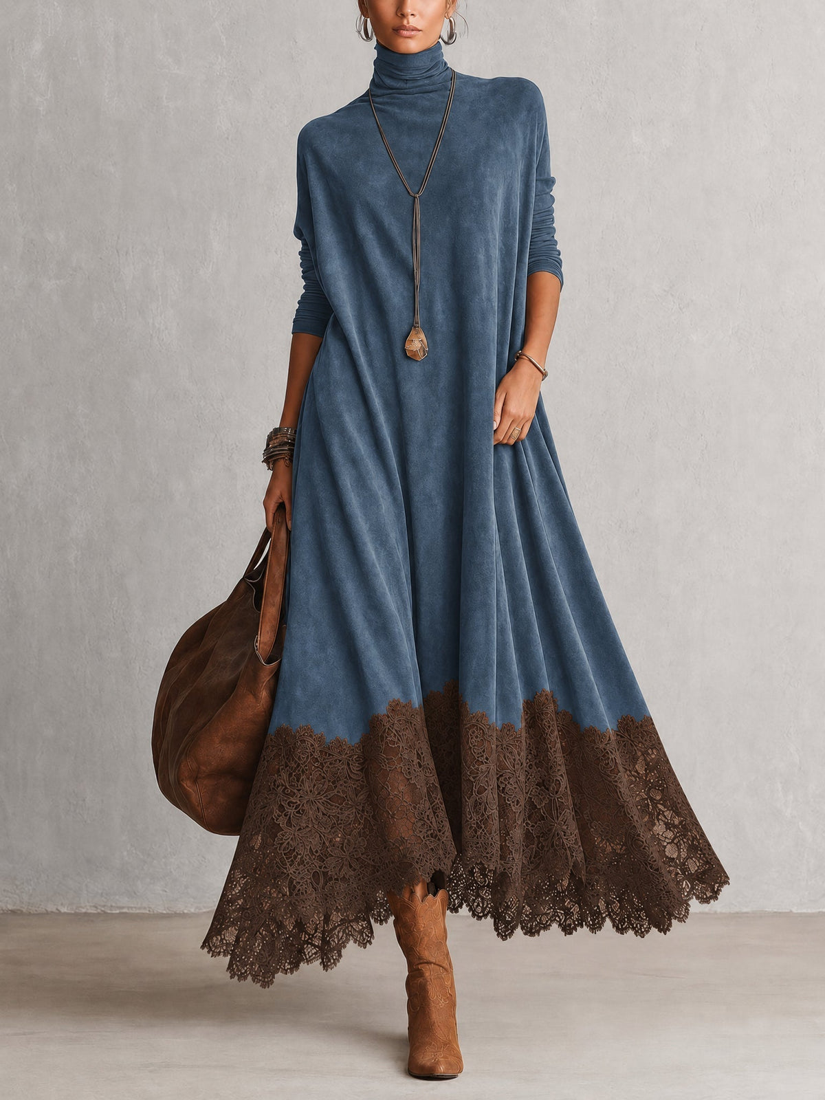 Vestido largo con cuello alto y bajo de encaje floral 2