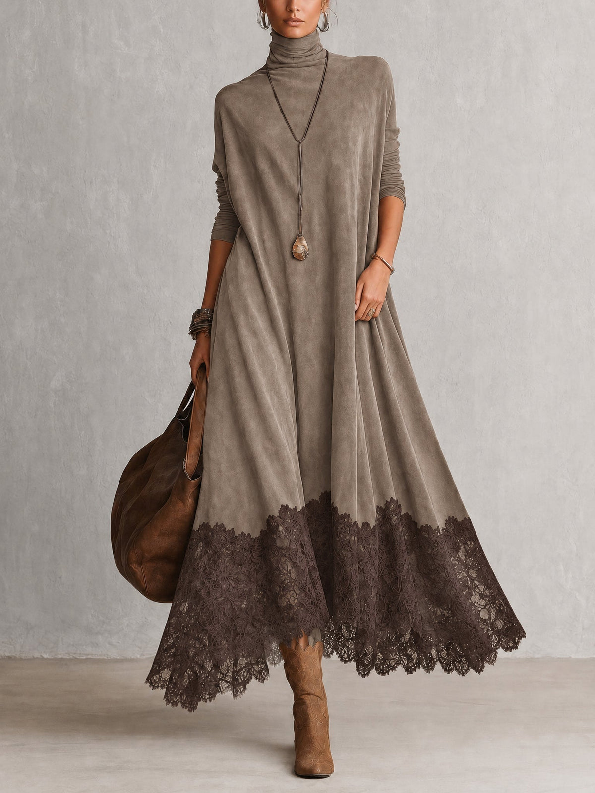Vestido largo con cuello alto y bajo de encaje floral 3