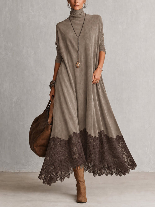 Vestido largo con cuello alto y bajo de encaje floral 3