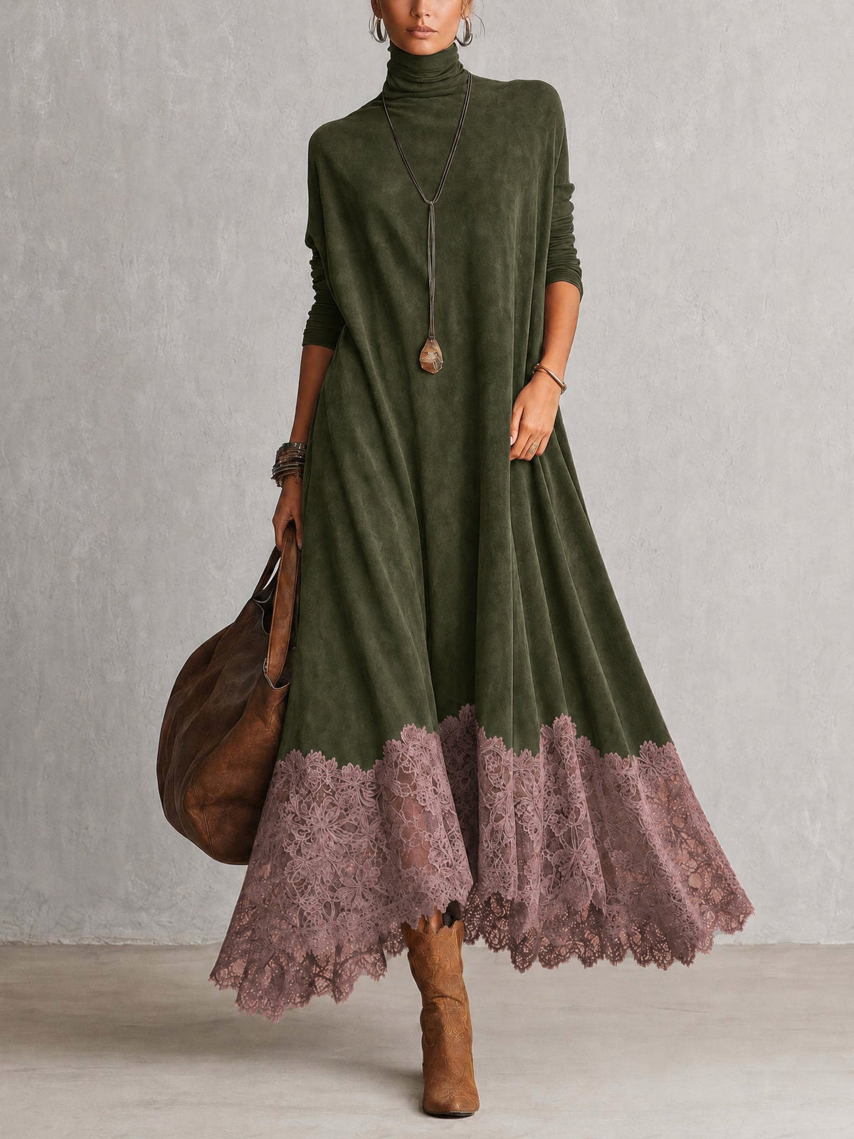 Vestido largo con cuello alto y bajo de encaje floral 4