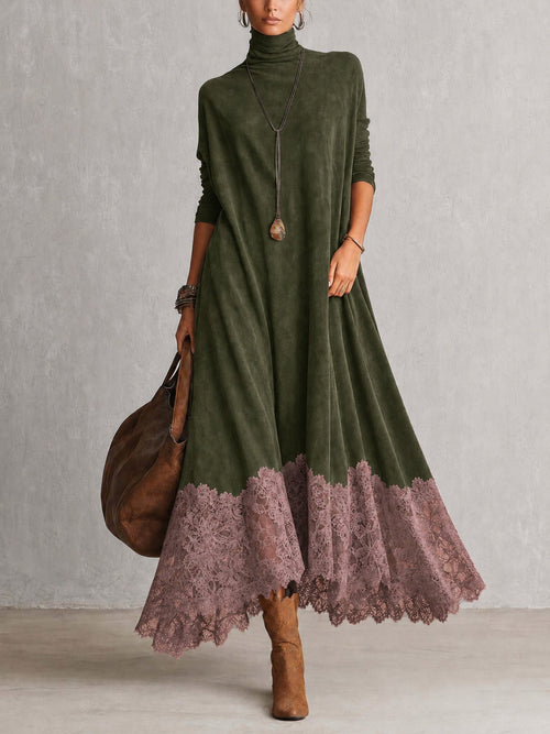 Vestido largo con cuello alto y bajo de encaje floral 4