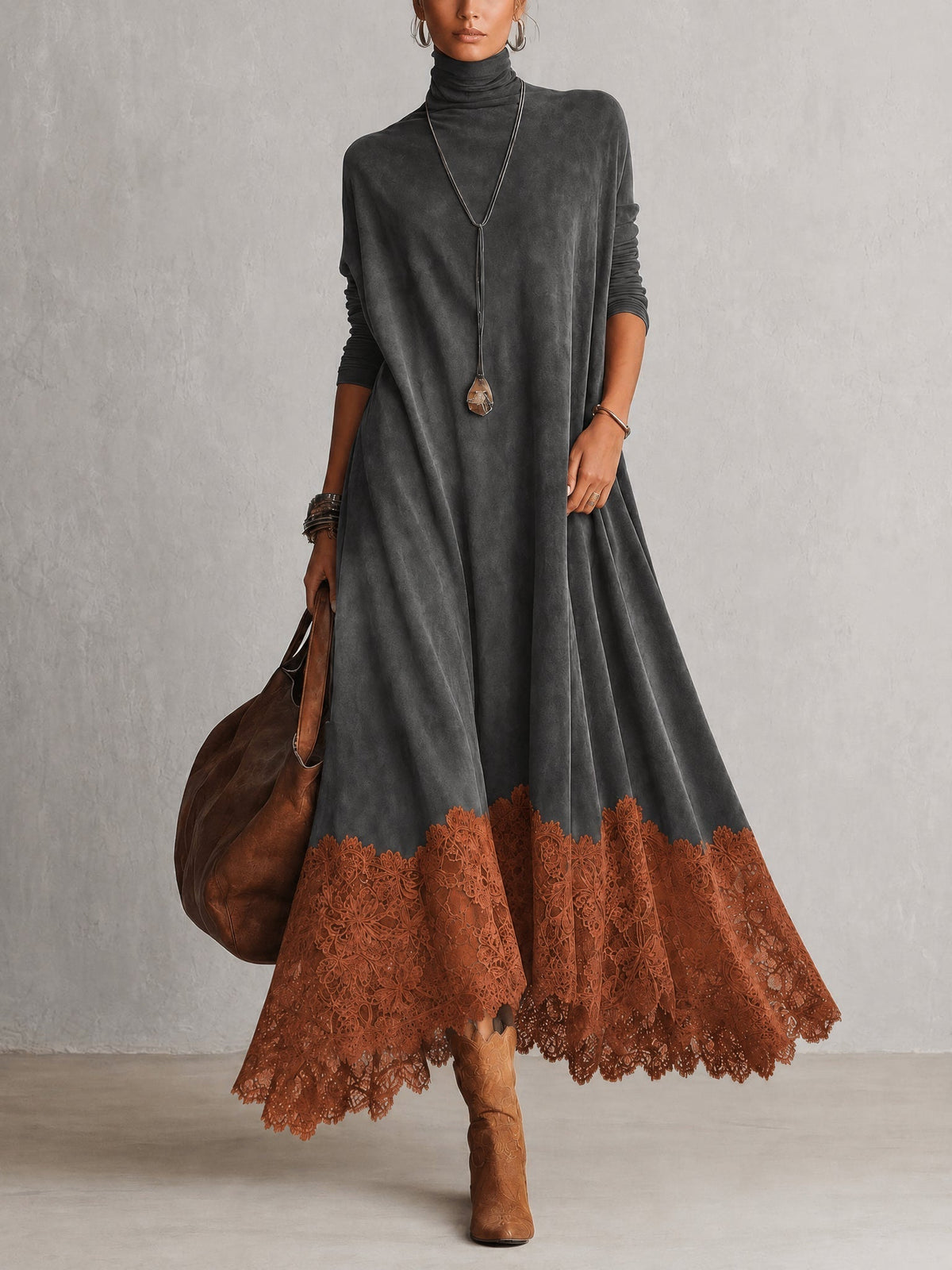 Vestido largo con cuello alto y bajo de encaje floral 5