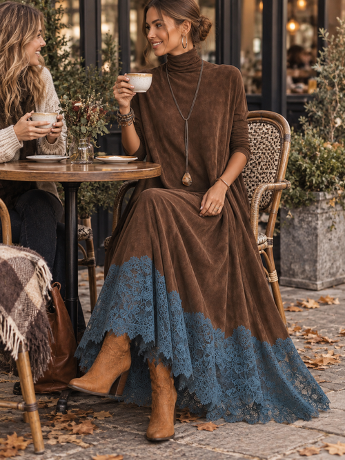 Vestido largo con cuello alto y bajo de encaje floral 6