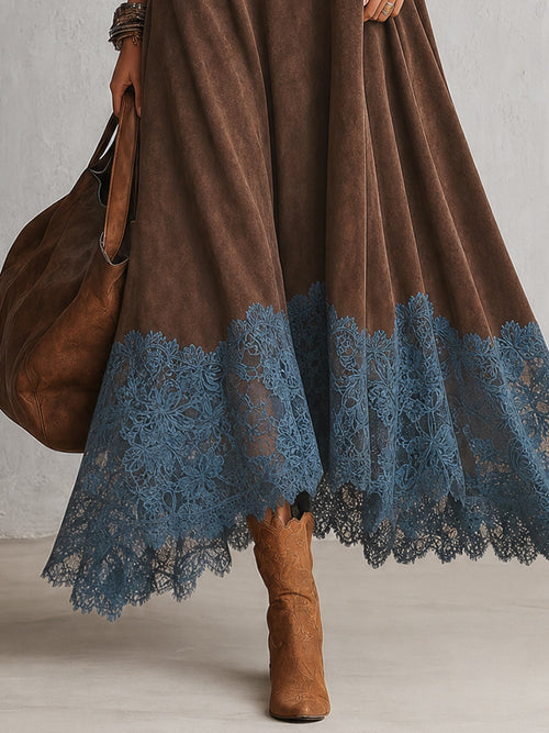 Vestido largo con cuello alto y bajo de encaje floral 8