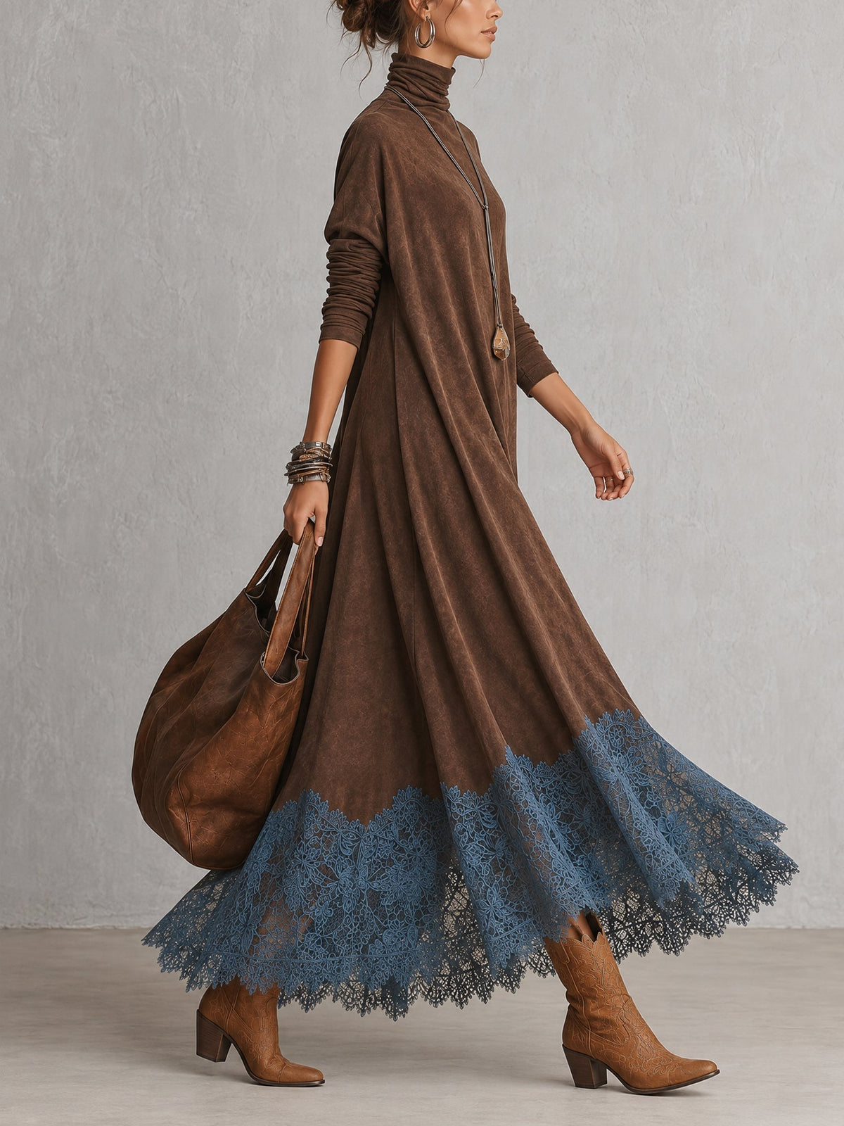 Vestido largo con cuello alto y bajo de encaje floral 9