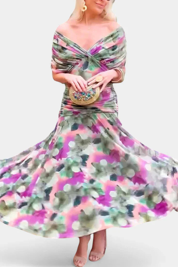 Vestido largo con escote bardot cruzado y falda fluida 11