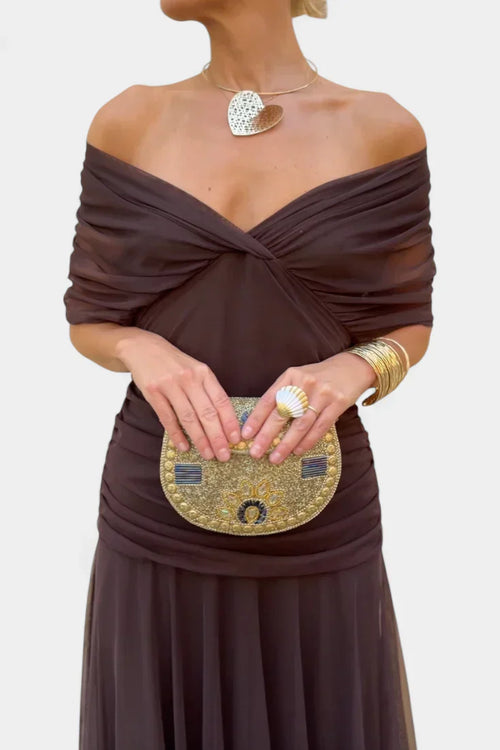 Vestido largo con escote bardot cruzado y falda fluida 12