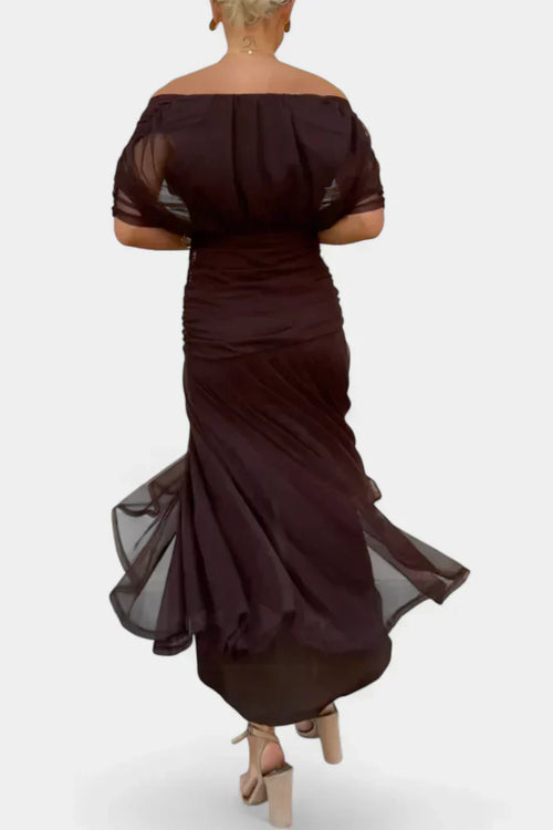 Vestido largo con escote bardot cruzado y falda fluida 14