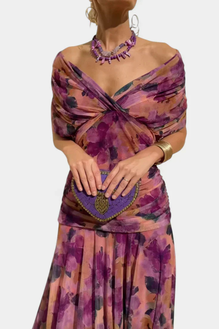 Vestido largo con escote bardot cruzado y falda fluida 3