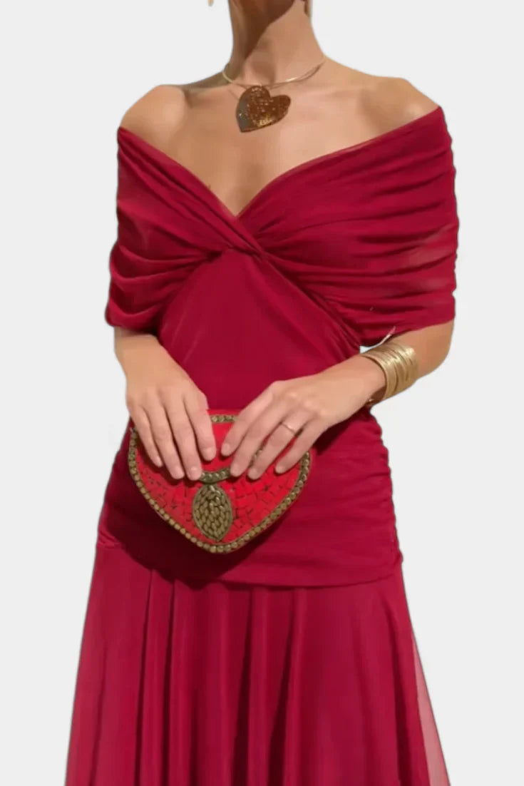 Vestido largo con escote bardot cruzado y falda fluida 5