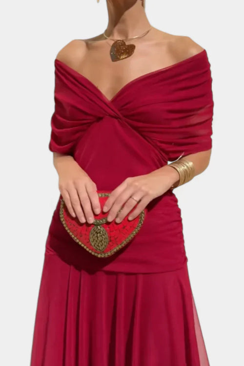 Vestido largo con escote bardot cruzado y falda fluida 5