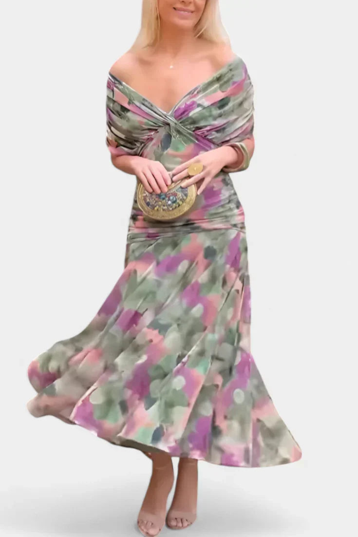 Vestido largo con escote bardot cruzado y falda fluida 7