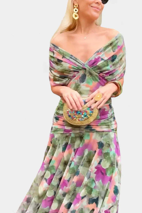 Vestido largo con escote bardot cruzado y falda fluida 8