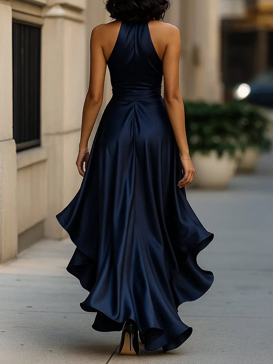 Vestido largo de fiesta con cuello halter y volantes 12