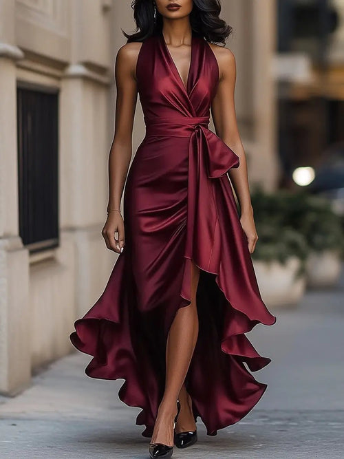 Vestido largo de fiesta con cuello halter y volantes 3
