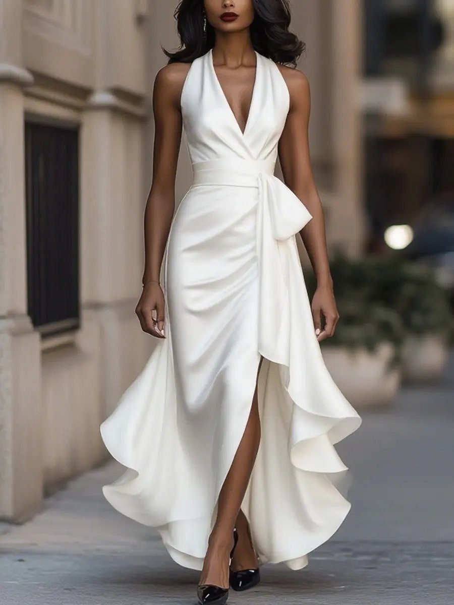 Vestido largo de fiesta con cuello halter y volantes 4