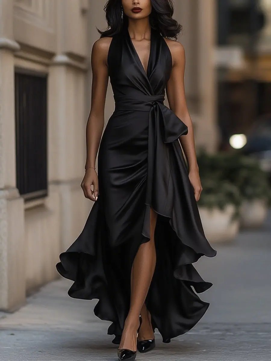 Vestido largo de fiesta con cuello halter y volantes 7