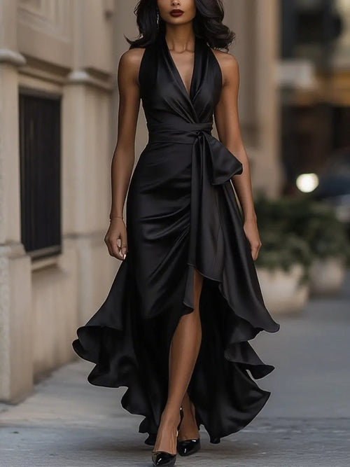Vestido largo de fiesta con cuello halter y volantes 7