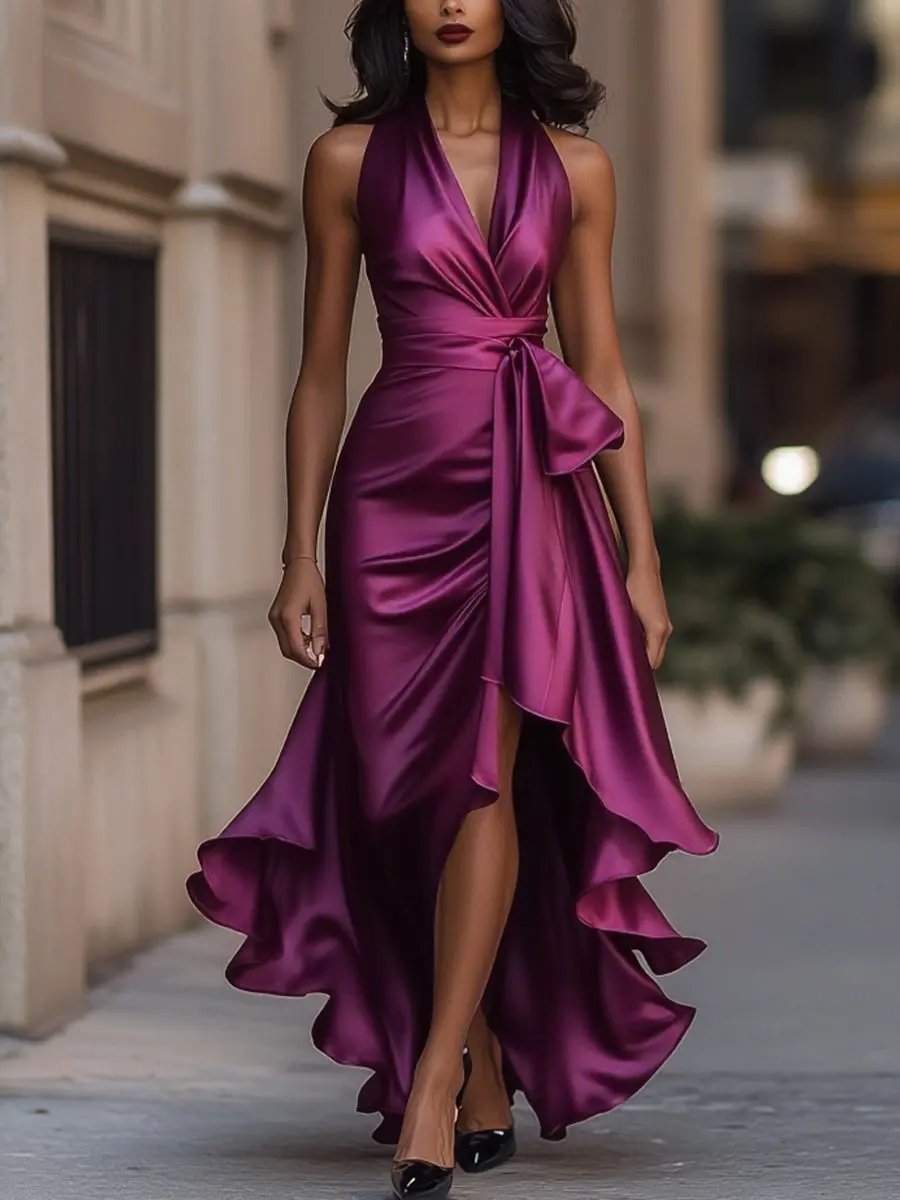 Vestido largo de fiesta con cuello halter y volantes 8