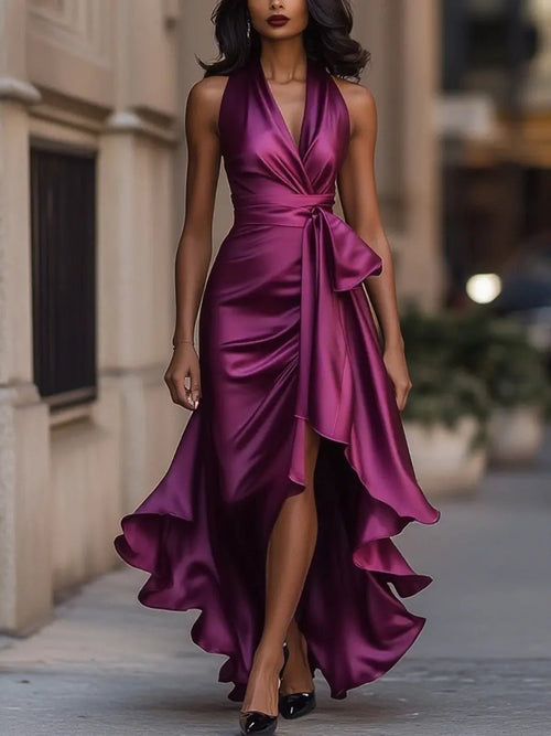 Vestido largo de fiesta con cuello halter y volantes 8