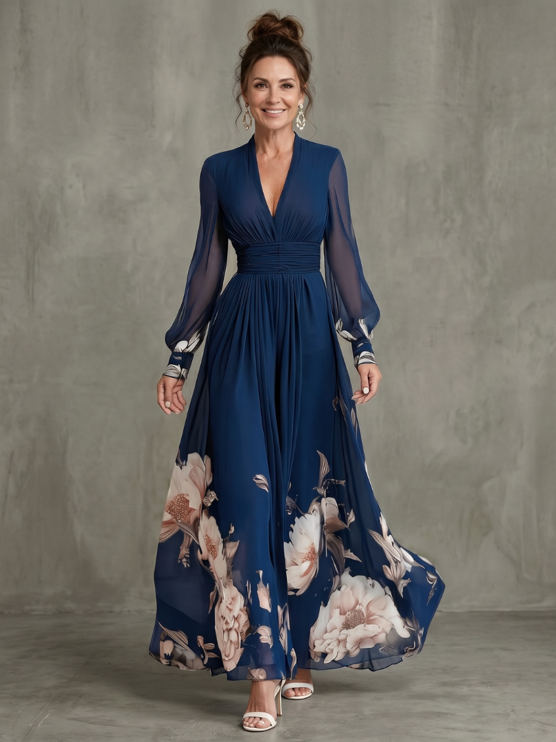 Vestido largo de fiesta con mangas transparentes y estampado floral 1