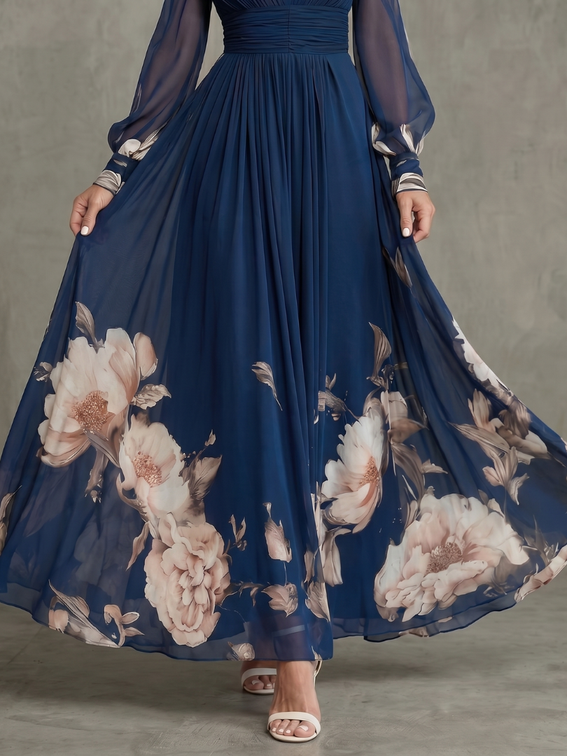 Vestido largo de fiesta con mangas transparentes y estampado floral 2