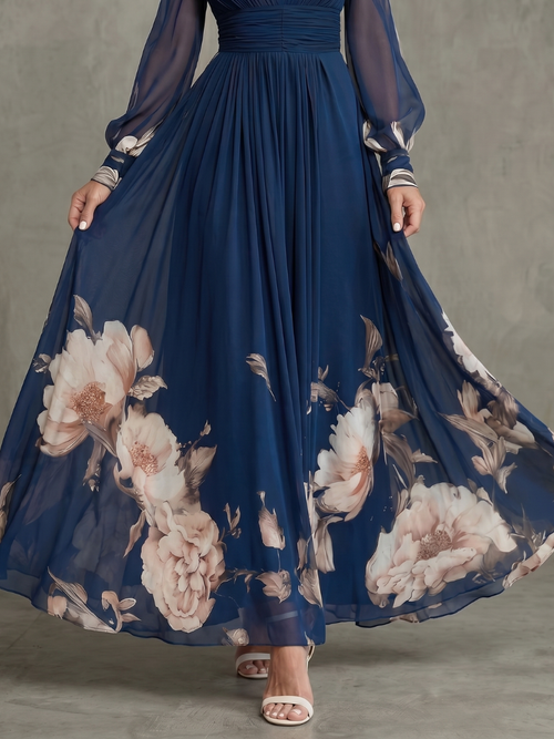 Vestido largo de fiesta con mangas transparentes y estampado floral 2