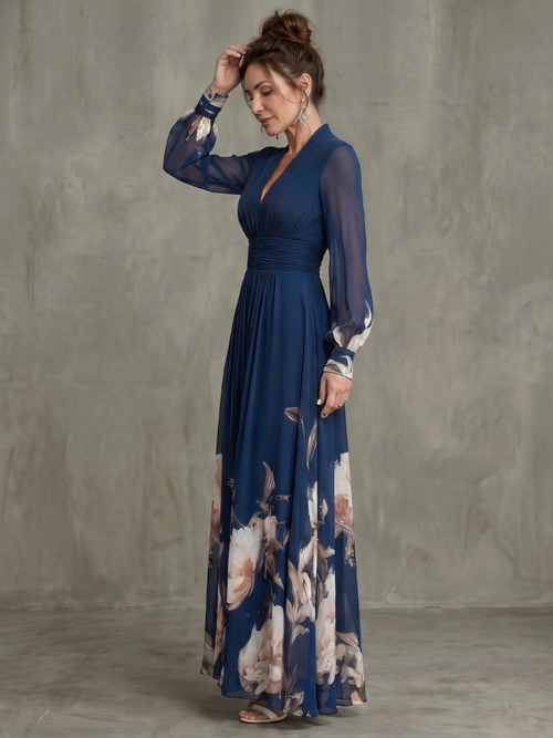Vestido largo de fiesta con mangas transparentes y estampado floral 3