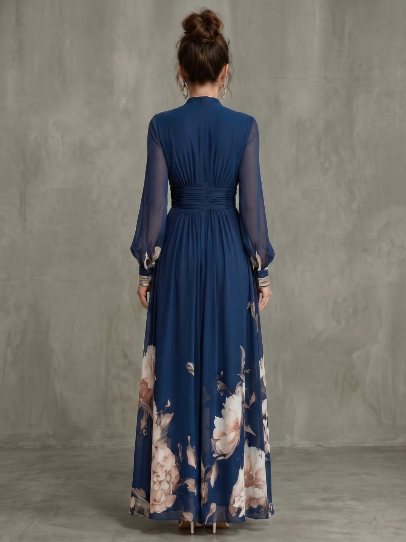 Vestido largo de fiesta con mangas transparentes y estampado floral 4
