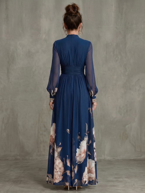 Vestido largo de fiesta con mangas transparentes y estampado floral 4