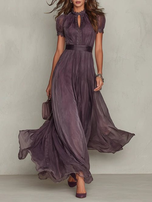 Vestido largo de fiesta de gasa con escote de llave y encaje 1