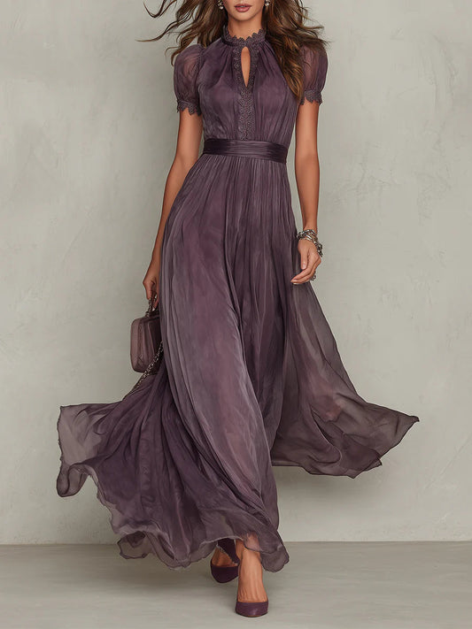 Vestido largo de fiesta de gasa con escote de llave y encaje 1