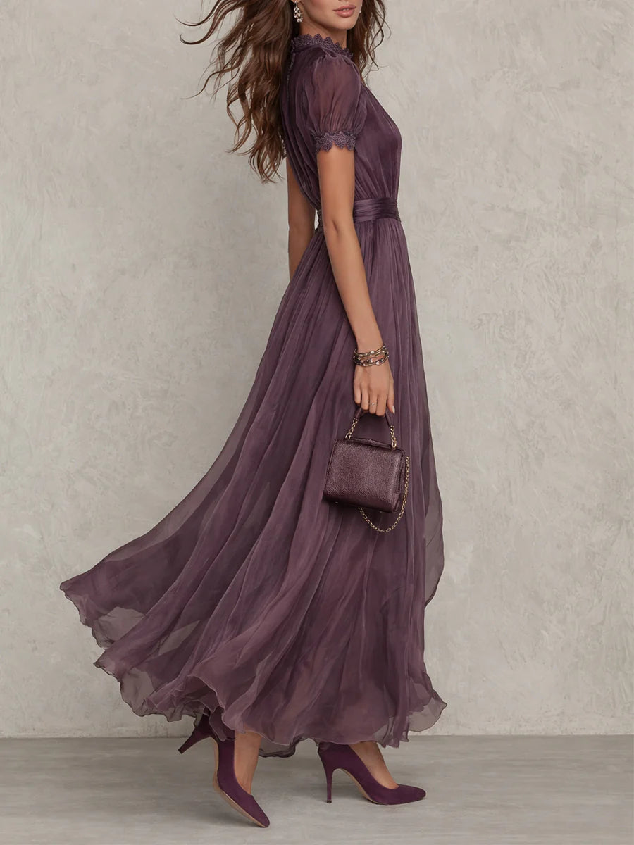 Vestido largo de fiesta de gasa con escote de llave y encaje 2
