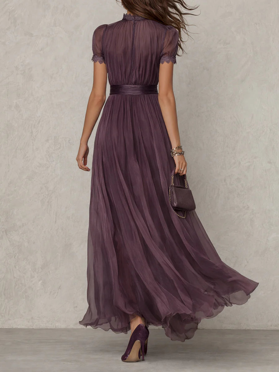 Vestido largo de fiesta de gasa con escote de llave y encaje 3