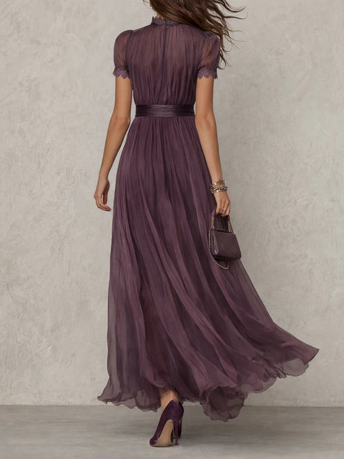Vestido largo de fiesta de gasa con escote de llave y encaje 3