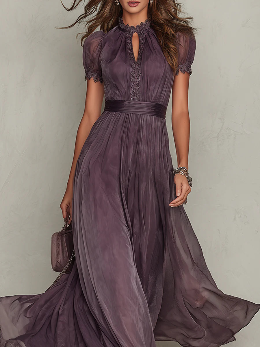 Vestido largo de fiesta de gasa con escote de llave y encaje 4