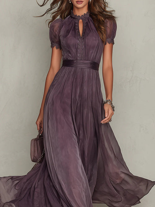 Vestido largo de fiesta de gasa con escote de llave y encaje 4