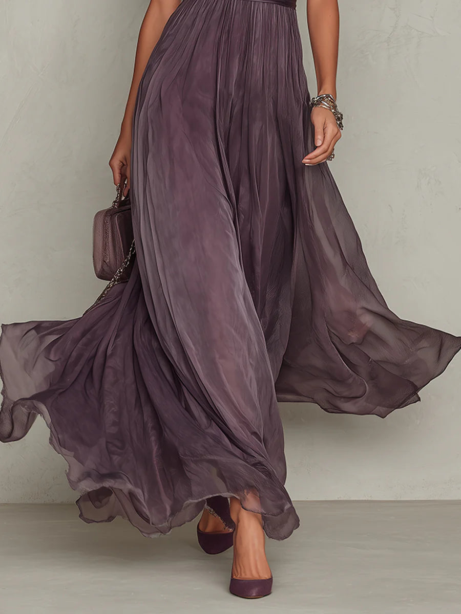Vestido largo de fiesta de gasa con escote de llave y encaje 5