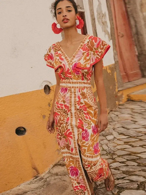 Vestido largo de flores con escote en V y abertura 2