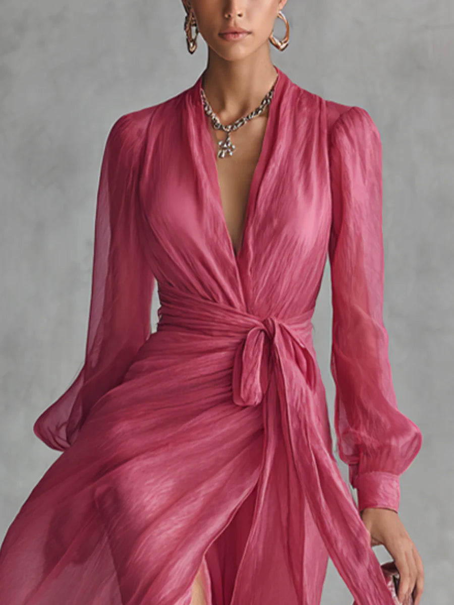 Vestido largo de gasa con escote en V y manga larga 2