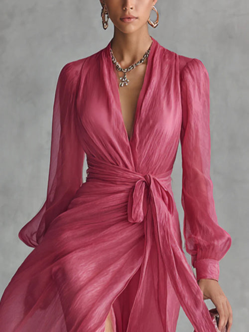Vestido largo de gasa con escote en V y manga larga 2