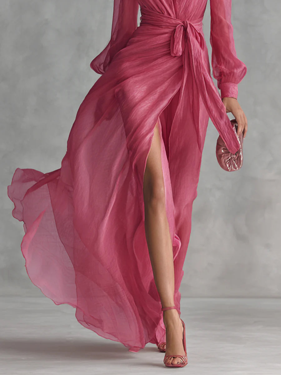 Vestido largo de gasa con escote en V y manga larga 3