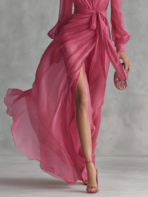 Vestido largo de gasa con escote en V y manga larga 3