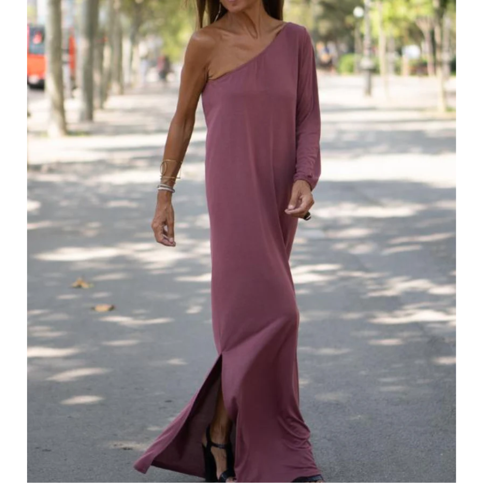 Vestido largo de un solo hombro asimétrico y fluido 2